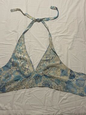 Light Blue & Cream Halter Tank Top with Gold Accent